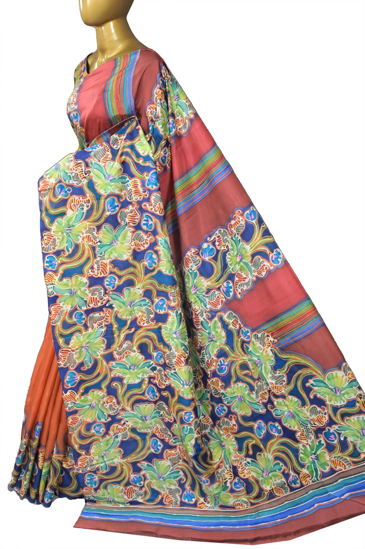 Orange and Multicolor Pure Katan Silk Saree with Alcohol Hand Paint