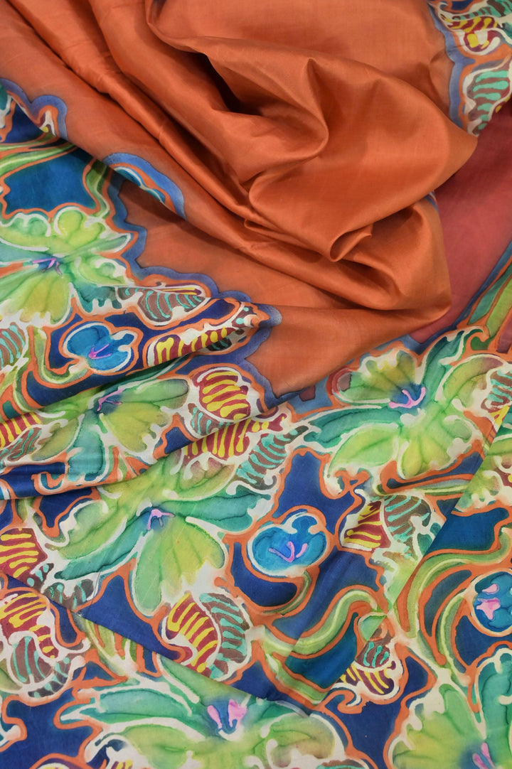 Orange and Multicolor Pure Katan Silk Saree with Alcohol Hand Paint