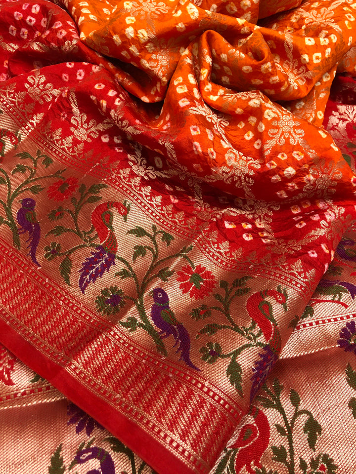 Orange and Red Color Dupion Silk Saree with Paithani and Bandhani Work