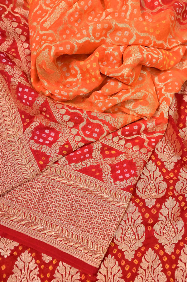 Orange and Red Color Georgette Banarasi Saree with Neem Zari Weaving  Work and rai Bandhani Work