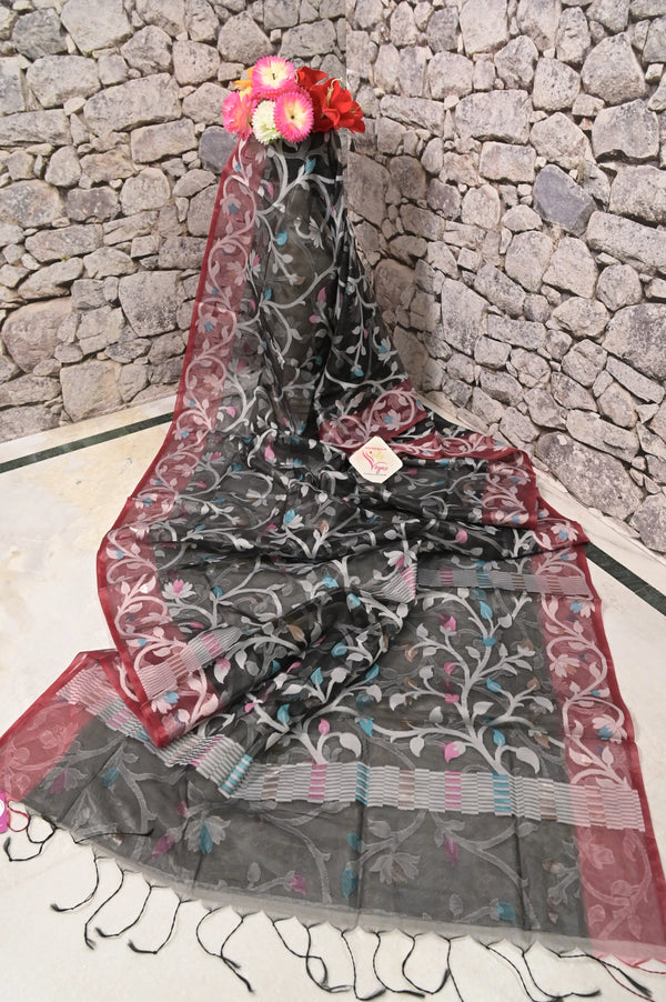 Organza Saree in Black and Red Color with Allover Meenakari Jaal Weaving Work
