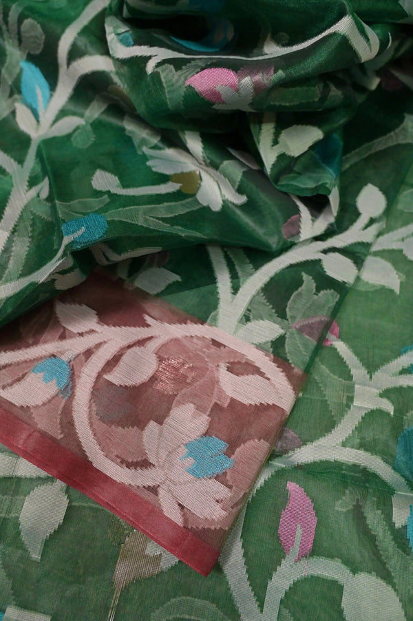 Organza Saree in Green and Pink Color with Allover Meenakari Jaal Weaving Work