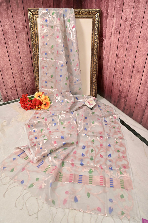 Organza Saree in Light Grey Color with Allover Meenakari Jaal Weaving Work