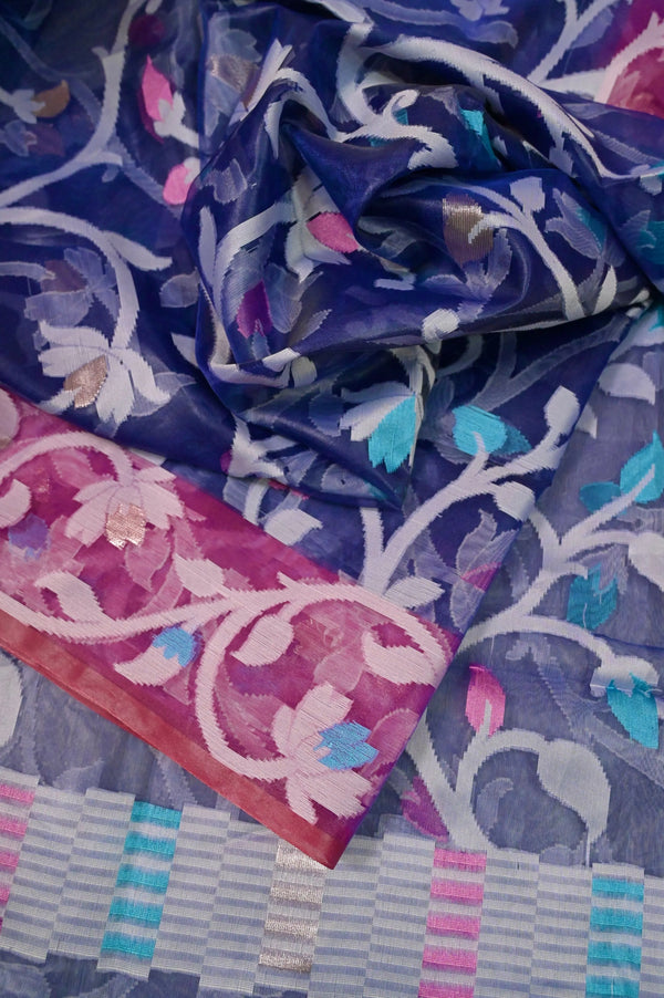 Organza Saree Space Blue and Pink Color with Allover Meenakari Jaal Weaving Work