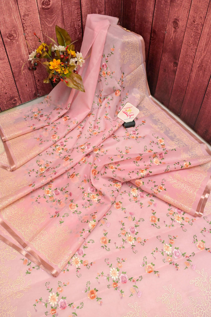 Pale Salmon Orange Color Organza Saree with Machine Embroidery