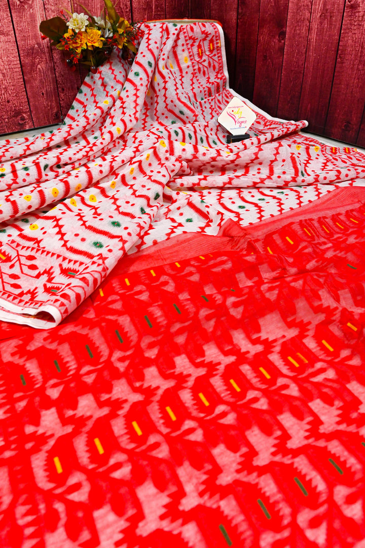 Paper White and Red Color Jamdani Saree