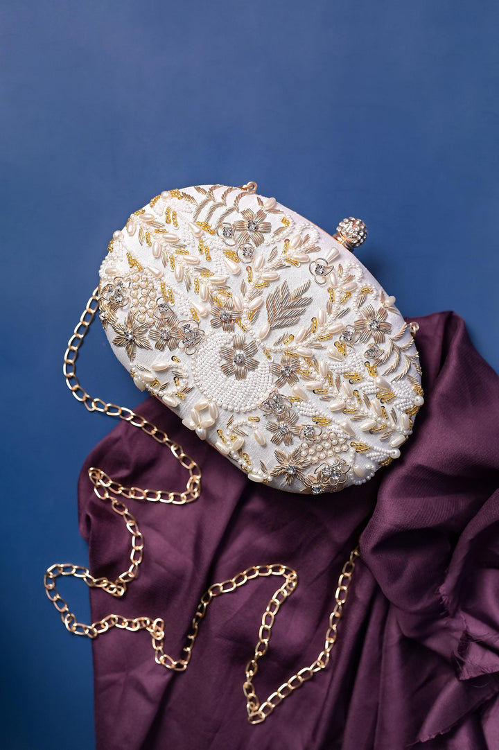 Paper White Color Designer Clutch Bag with Zari & Pearl Bead Embroidery