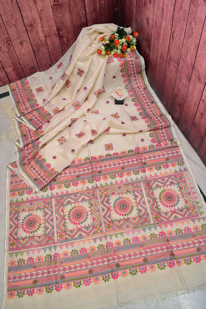 Paper White Color Half Tussar with Lambani Embroidery
