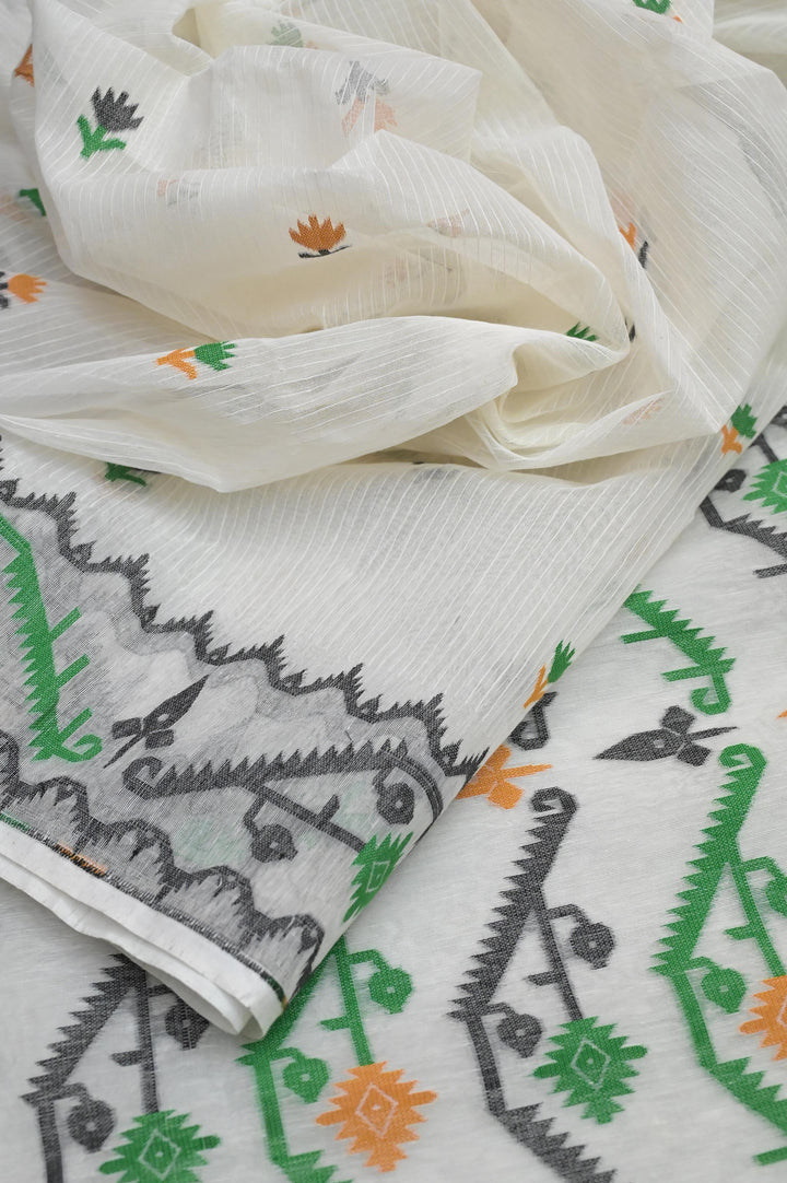 Paper White Color Jamdani Saree with Embroidered Blouse Piece