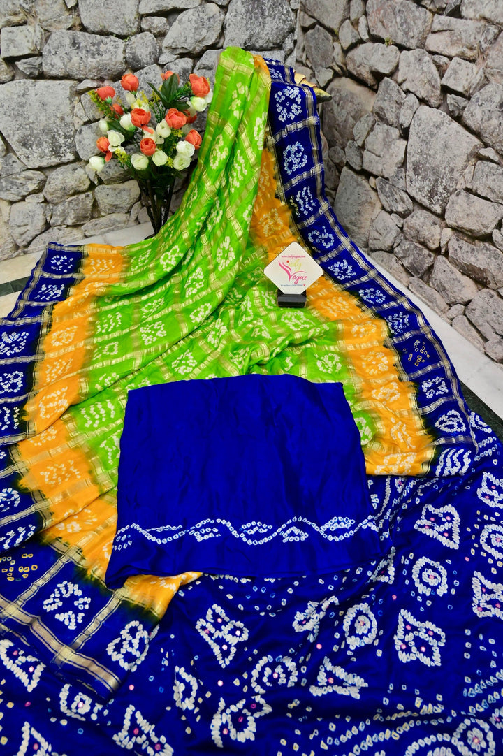 Parrot Green and Blue Color Ghazi Silk Gharchola with Hand Bandhani and Mirror Work