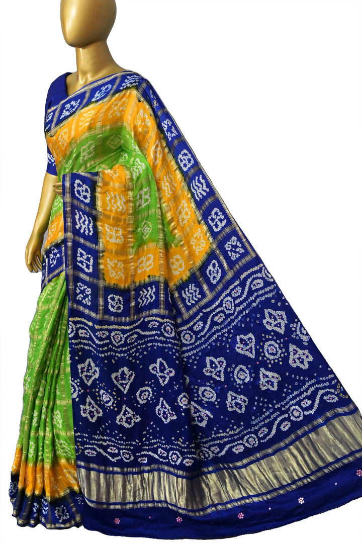 Parrot Green and Blue Color Ghazi Silk Gharchola with Hand Bandhani and Mirror Work