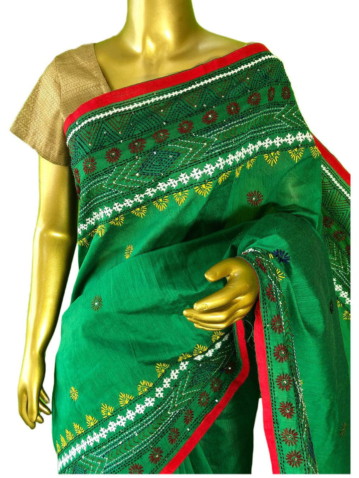Parrot Green Color Cotton Silk Chanderi Saree with Lambani Hand Embroidery Work