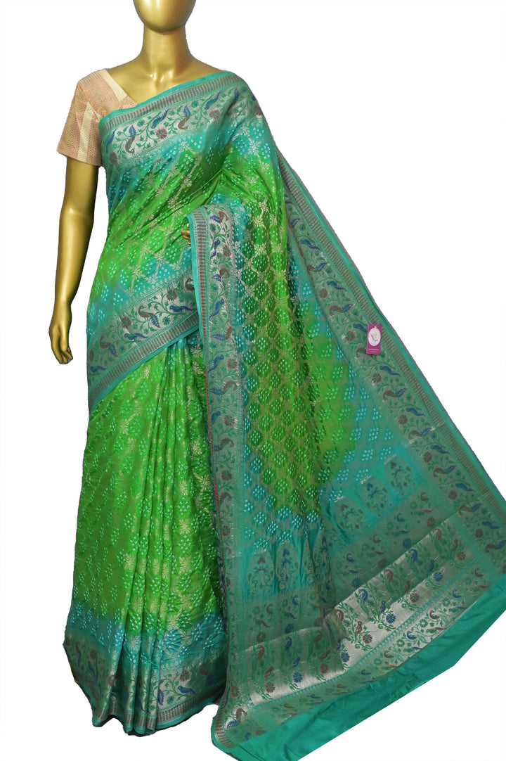 Parrot Green Color Dupion Silk with Paithani Border and Pallu and Bandhani Work