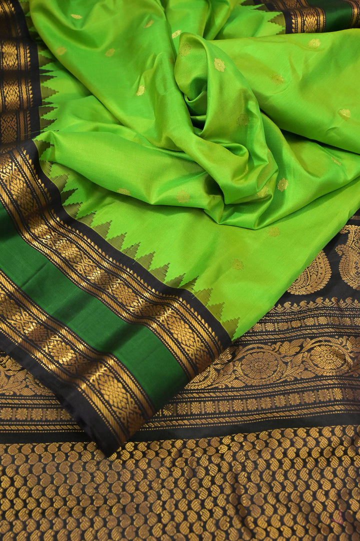 Parrot Green Color Pure Gadwal Silk Saree with Buti Work and Temple Border