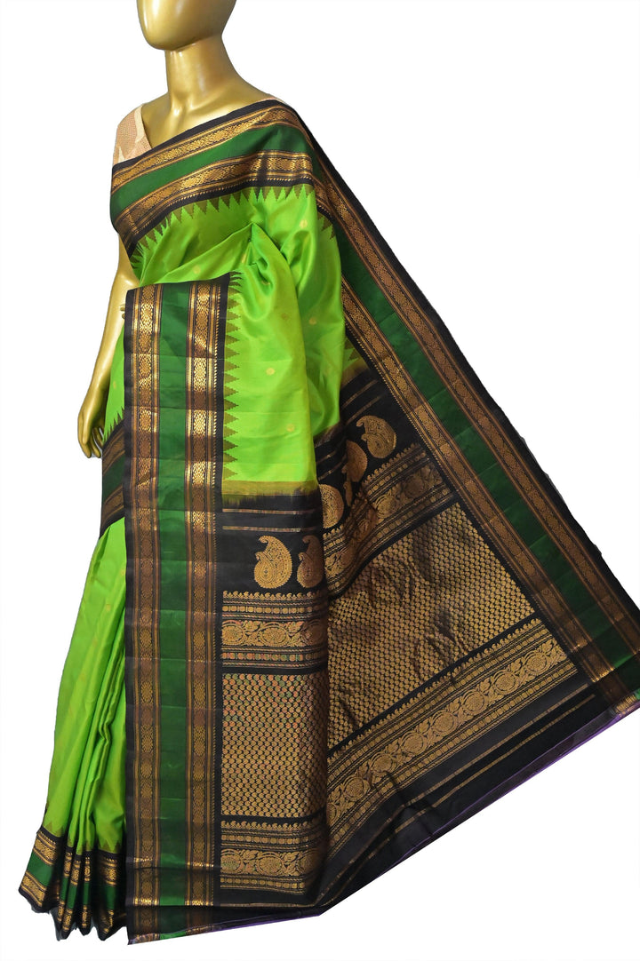 Parrot Green Color Pure Gadwal Silk Saree with Buti Work and Temple Border