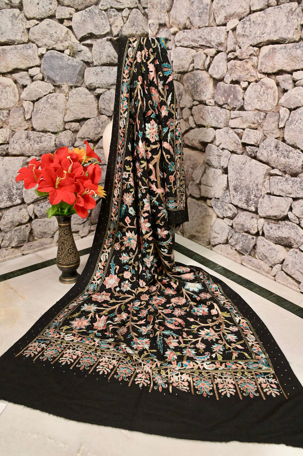 Pashmina Stole in Black Color with Allover Fine Ari and Stone Work