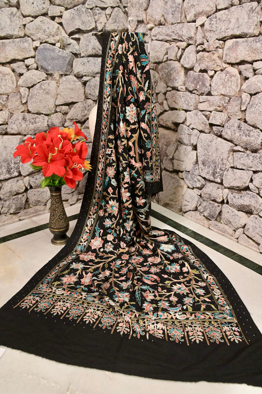 Pashmina Stole in Black Color with Allover Fine Ari and Stone Work