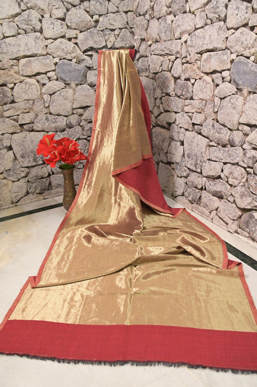 Pashmina Stole in Maroon and Golden Color With Shimmer Reversible Design