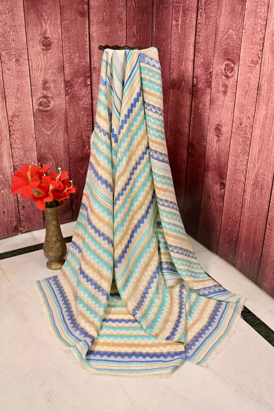 Pashmina Stole in Offwhite and Multiple Colors with Zigzag Design Work