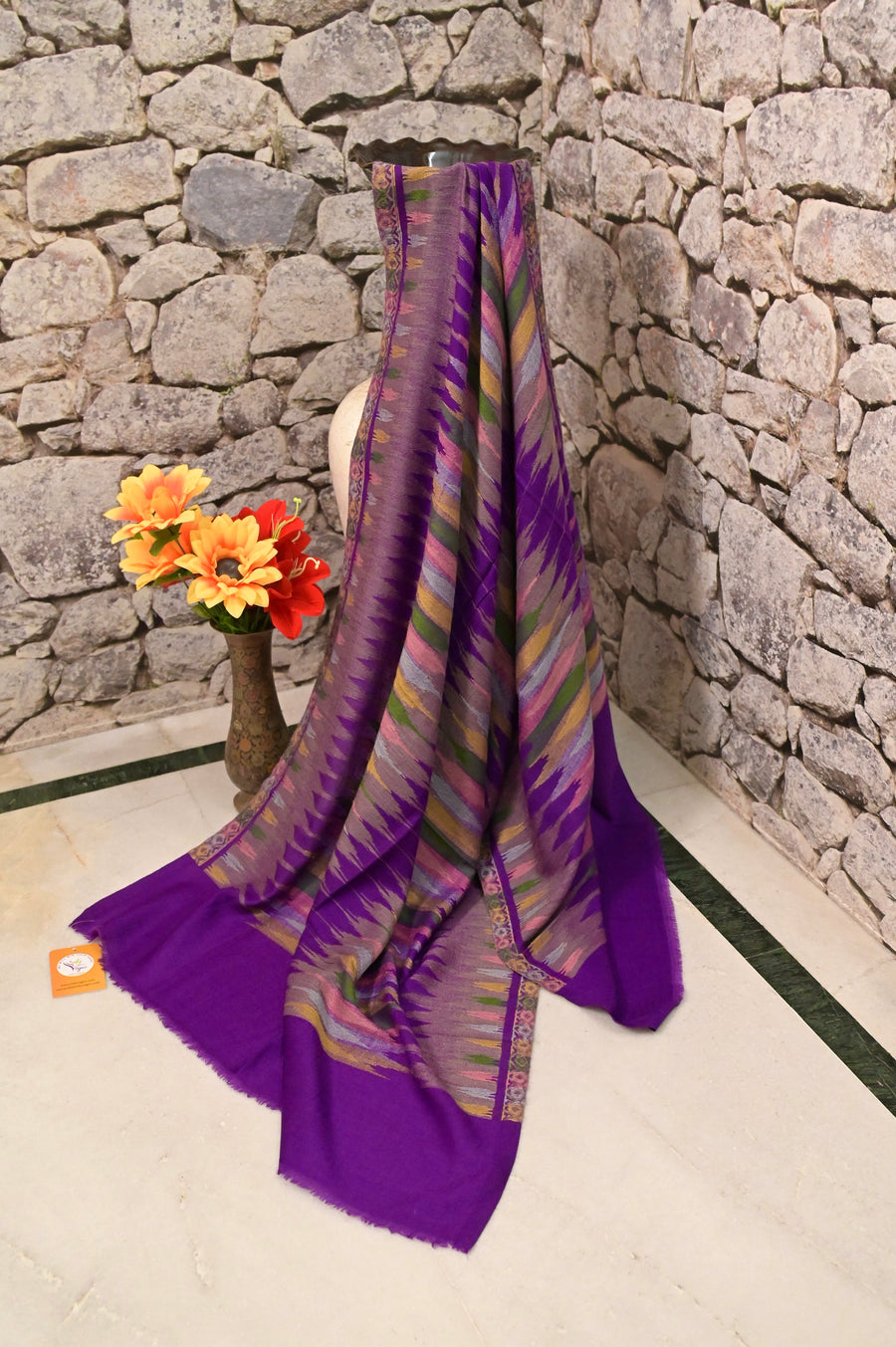 Pashmina Stole in Purple Color with Ikat Style Weaving Work