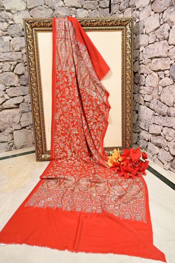Pashmina Stole in Red Color with Ari Embroidery Work