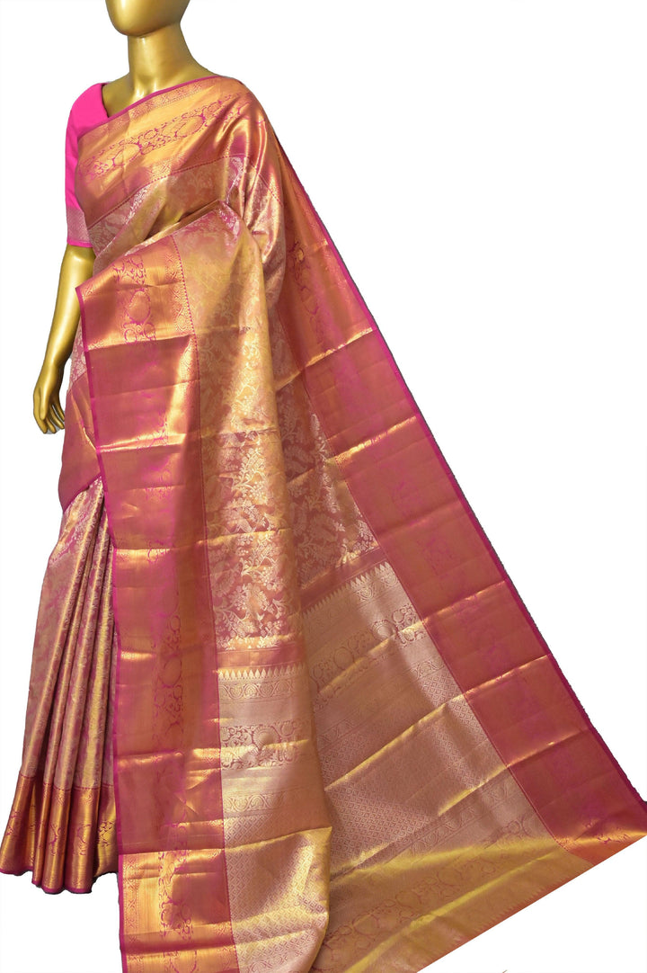 Peach and Magenta Color Brocade Kanjeevaram Silk Saree with broad Border