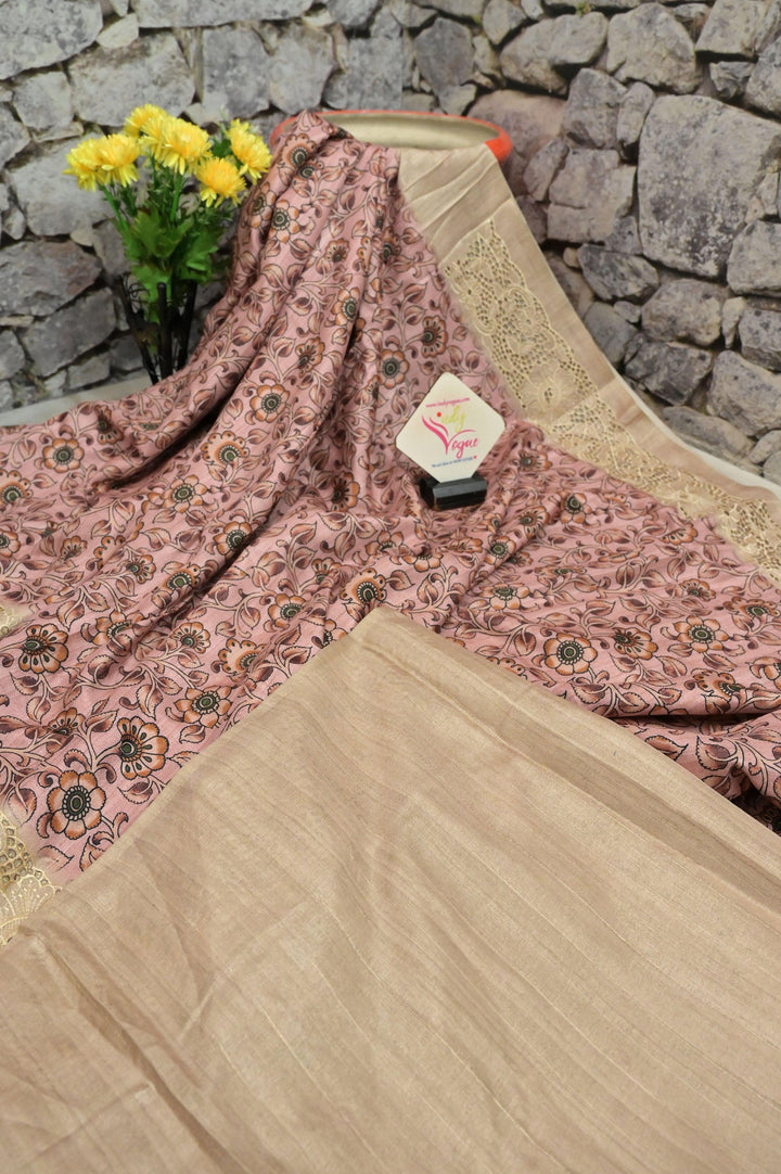 Peach Color Bhagalpuri Silk Saree with Kalamkari Print and Embroidery Work with Cut Work