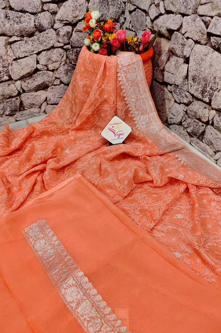 Peach Color Chiffon Saree with Chikankari and Silver Butta Work