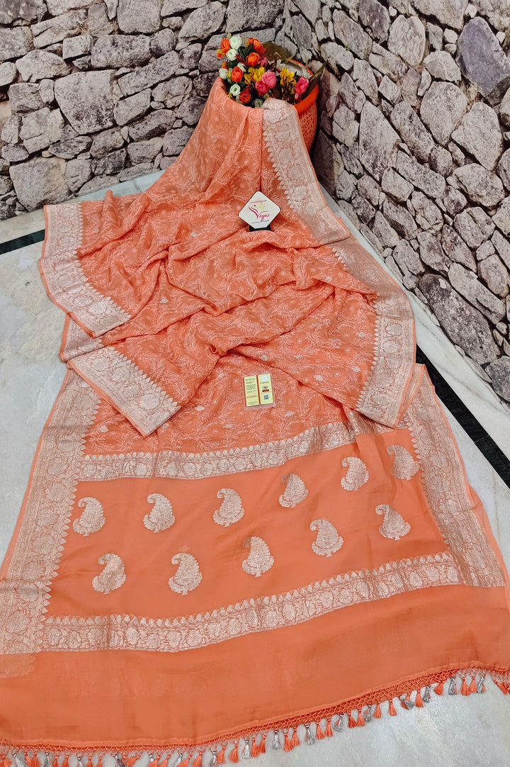 Peach Color Chiffon Saree with Chikankari and Silver Butta Work