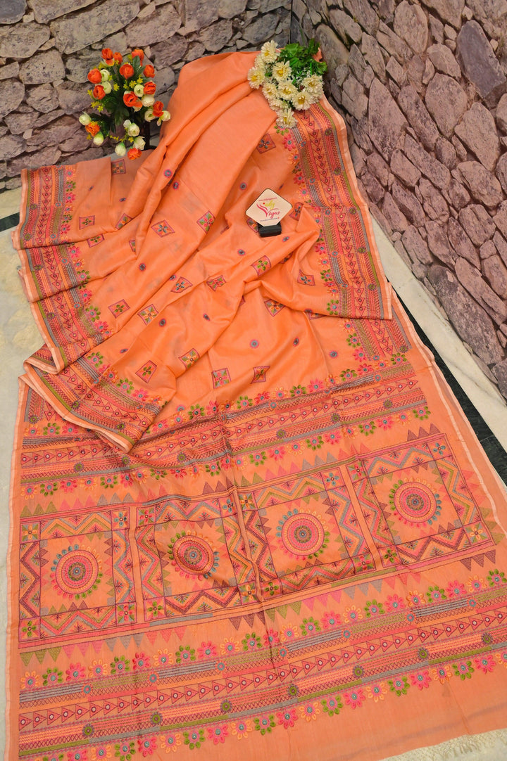 Peach Color Half Tussar Saree with Lambani Embroidery
