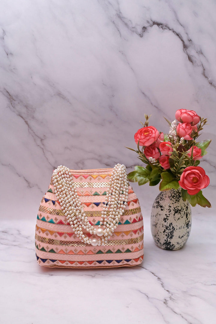 Peach Color Potli Clutch Bag with Embroidery & Pearl Handle