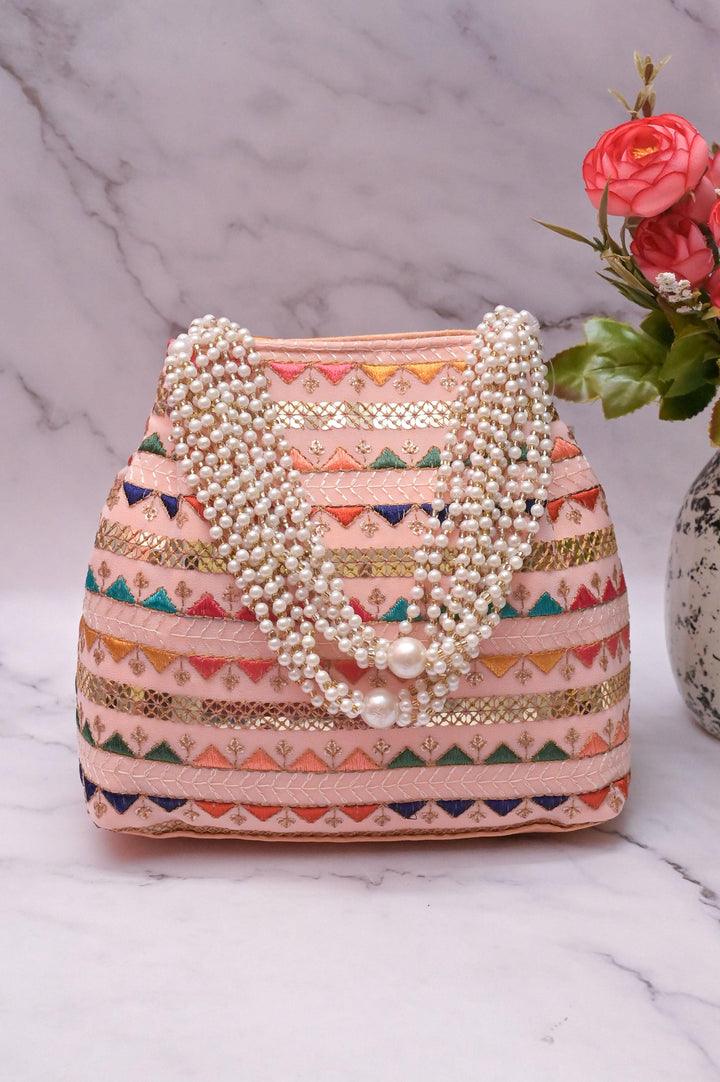 Peach Color Potli Clutch Bag with Embroidery & Pearl Handle