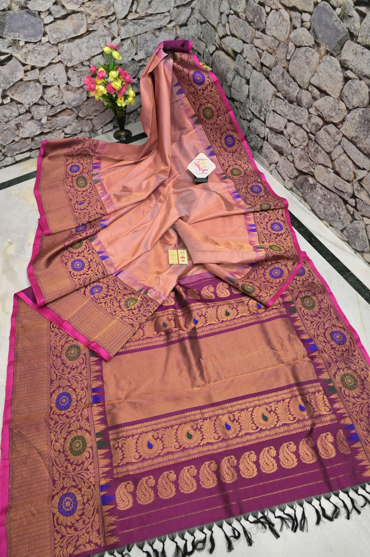 Peach Color Pure Gadwal Silk Saree with Meenakari Kanchi Border