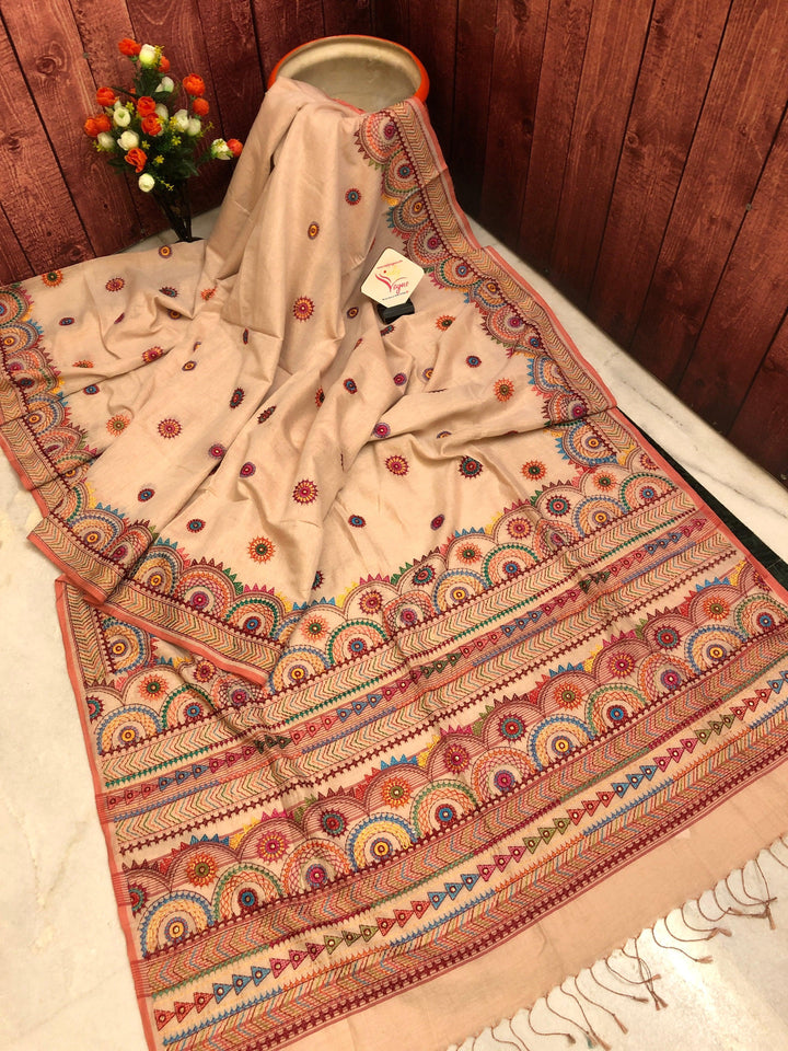 Peach Color Tissue Cotton Designer Saree with Lambani Embroidery