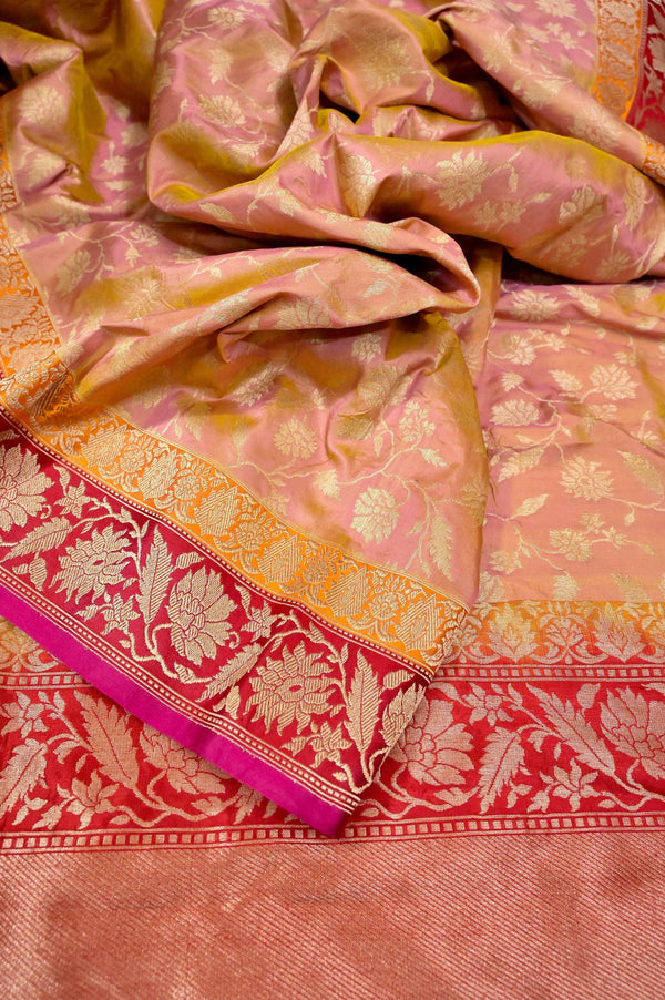 Peach Pink and Magenta Dual Tone Color Katan Banarasi with Allover Jaal Work