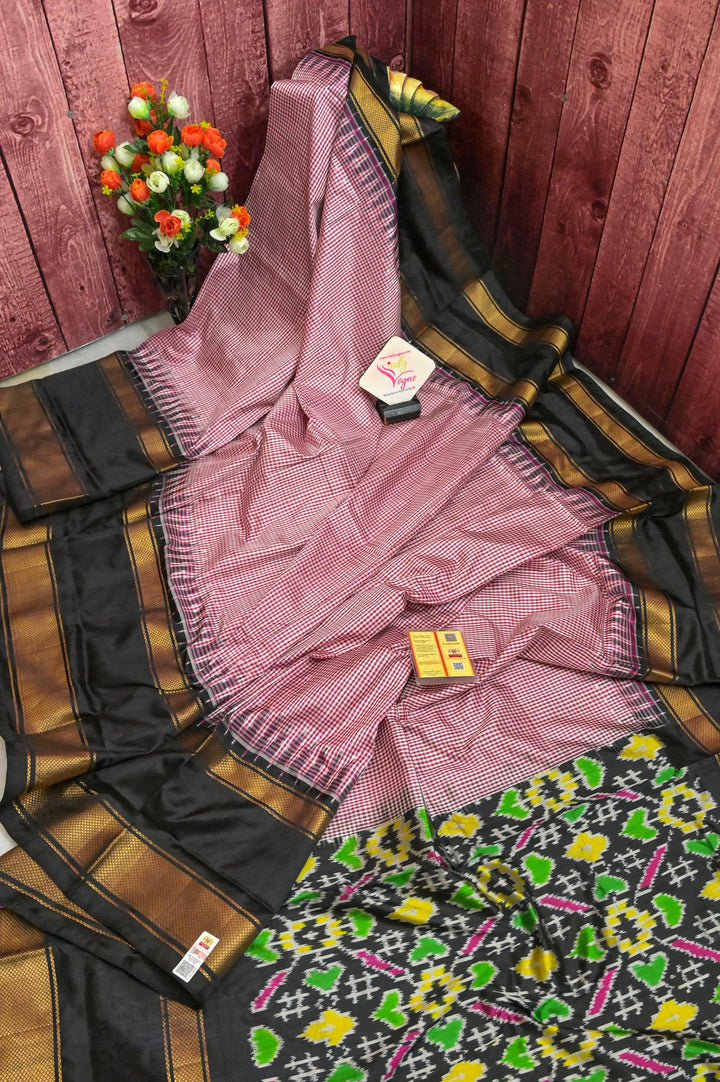Pink and Black Color Pure Ikat Silk Saree with Check Work and Ikat Pallu