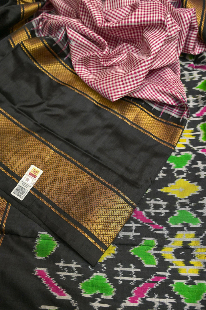 Pink and Black Color Pure Ikat Silk Saree with Check Work and Ikat Pallu