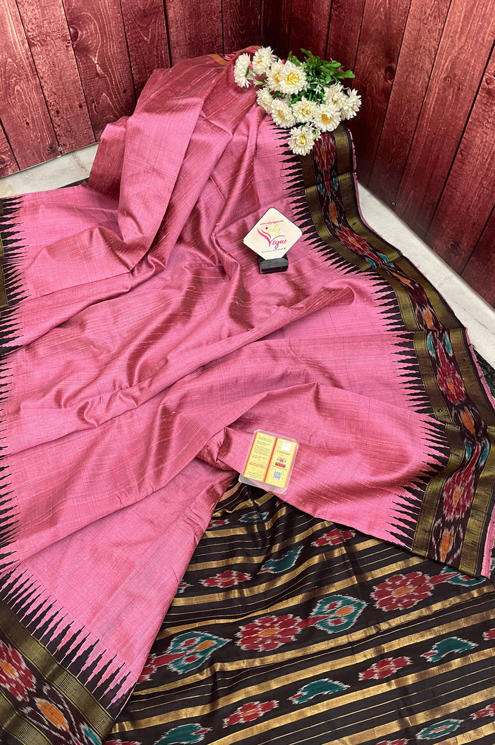 Pink and Black Color Pure Raw Silk Saree with Sambalpuri Border and Pallu