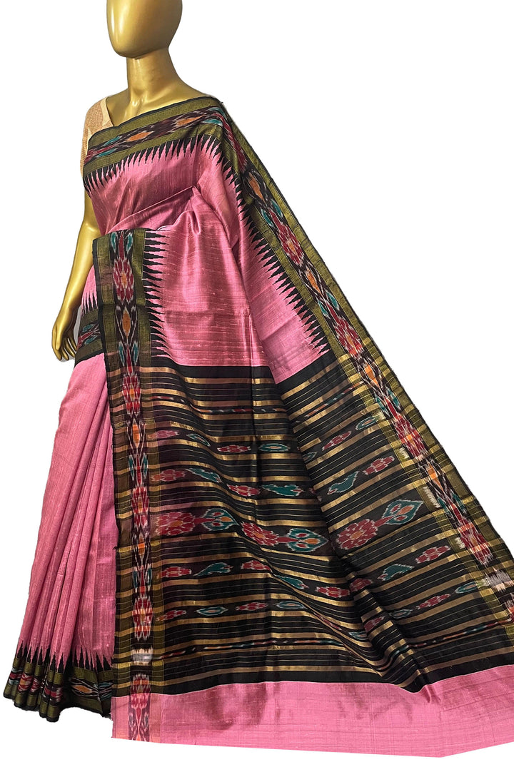 Pink and Black Color Pure Raw Silk Saree with Sambalpuri Border and Pallu