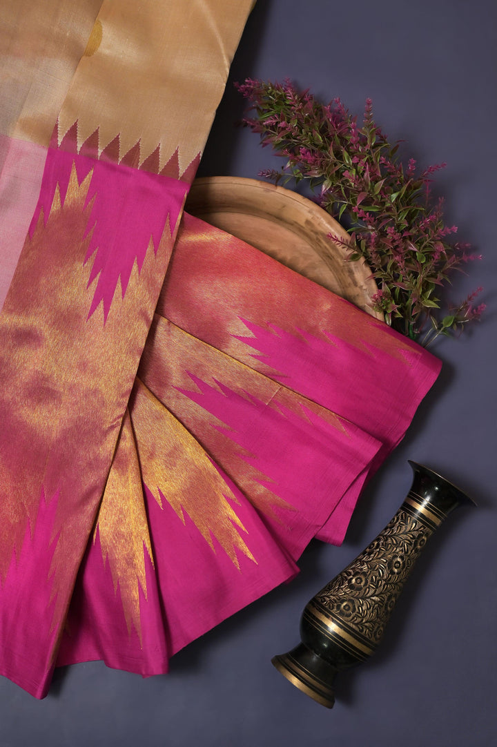 Pink and Light Sandal Color Kanjeevaram Silk Saree with Doubel Side Korvai and Putta Handloom Work