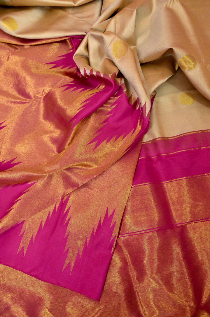 Pink and Light Sandal Color Kanjeevaram Silk Saree with Doubel Side Korvai and Putta Handloom Work