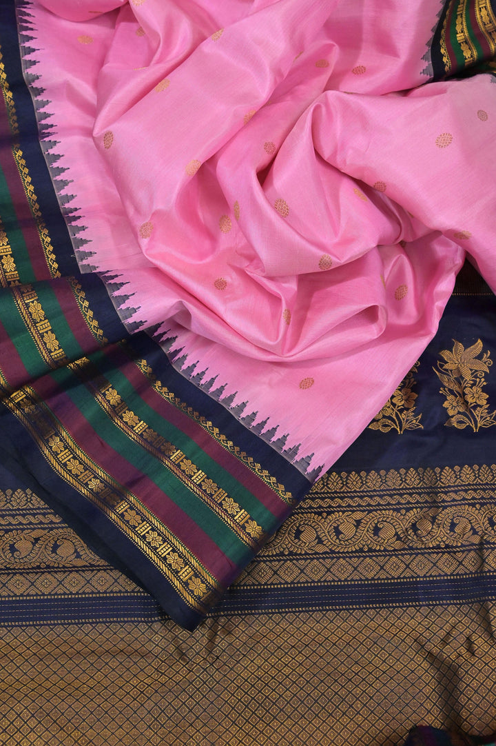 Pink and Navy Blue Color Pure Gadwal Silk Saree with Buti Work and Temple Border