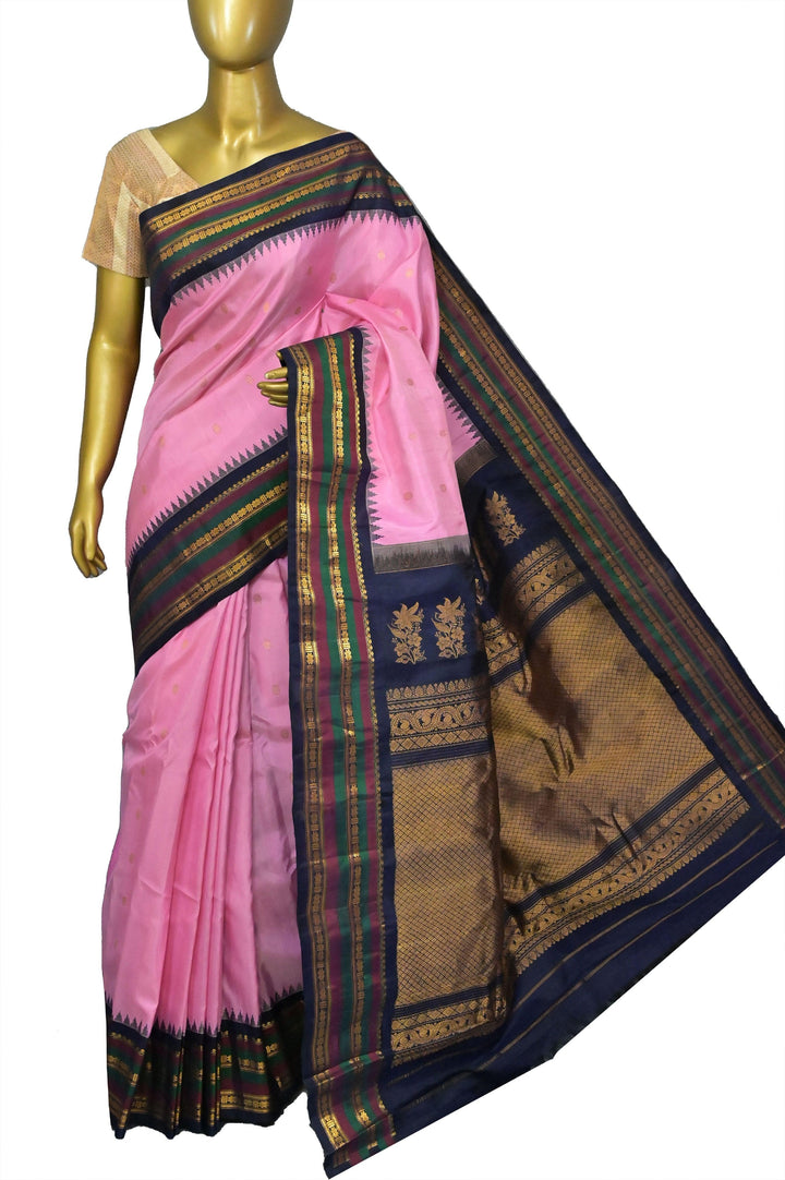 Pink and Navy Blue Color Pure Gadwal Silk Saree with Buti Work and Temple Border