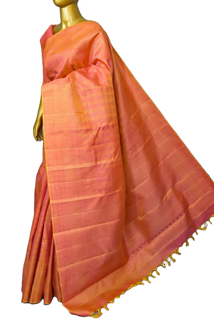 Pink and Peach Dual Tone Color Kanjeevaram Silk Saree with Pure Gold Zari Self-Weaving