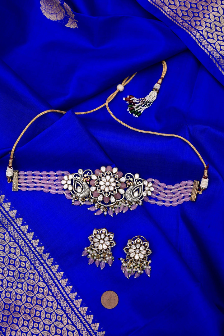 Pink Color Choker Necklace set with Monalisa Stone Work