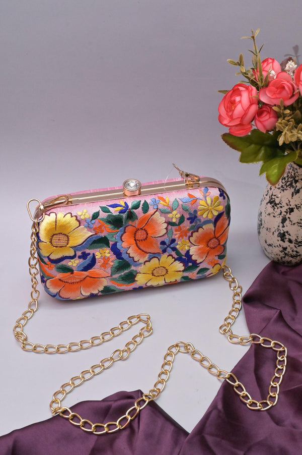 Pink Color Clutch Bag with Multi-Colored Parsi Gara Hand Embroidery Work