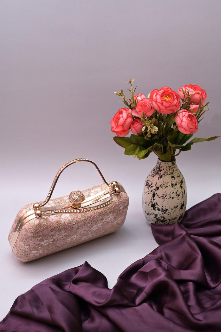 Pink Color Clutch Bag with Stone Handle