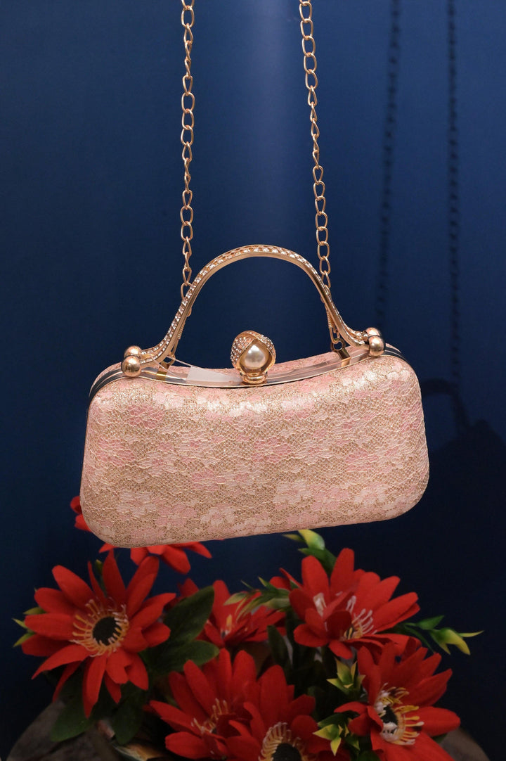 Pink Color Clutch Bag with Stone Handle