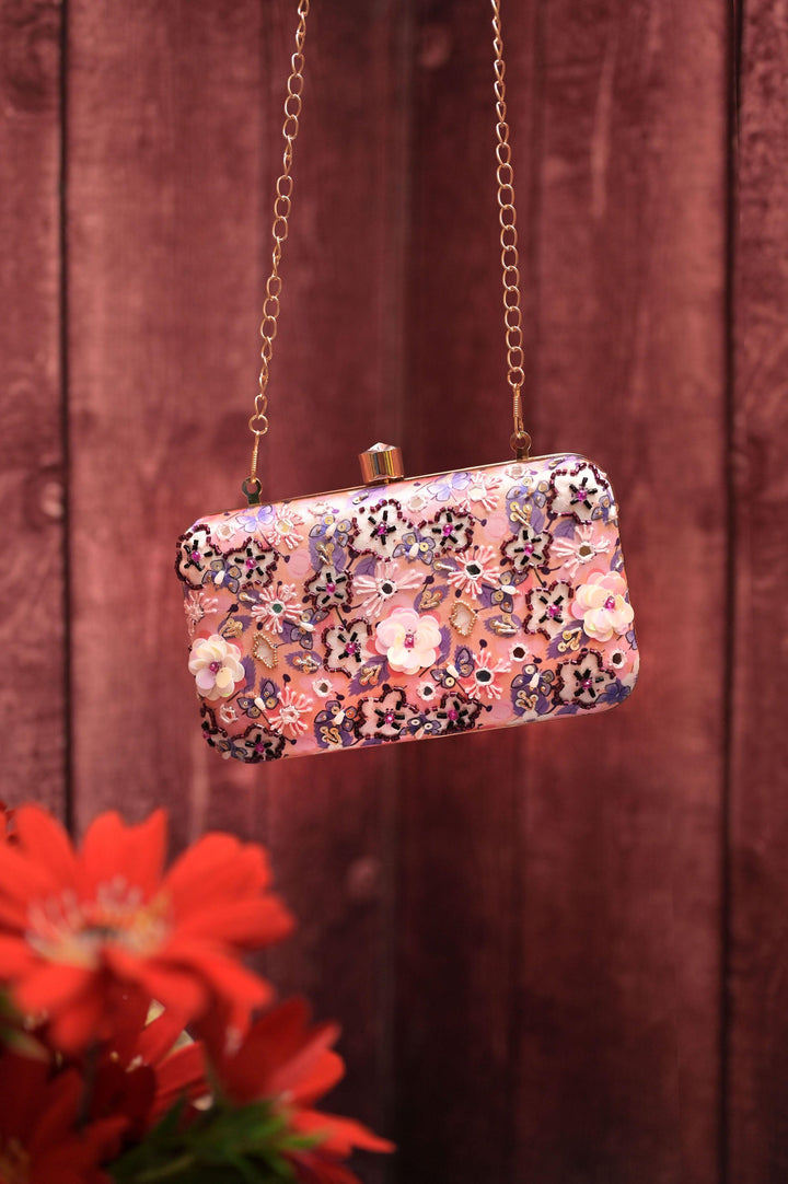 Pink Color Designer Clutch with Sequin Work and Mirror Embroidery
