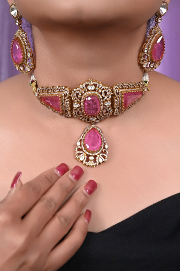 Pink Color Monalisa Stonework and AD Stone Setting Choker Necklace Set